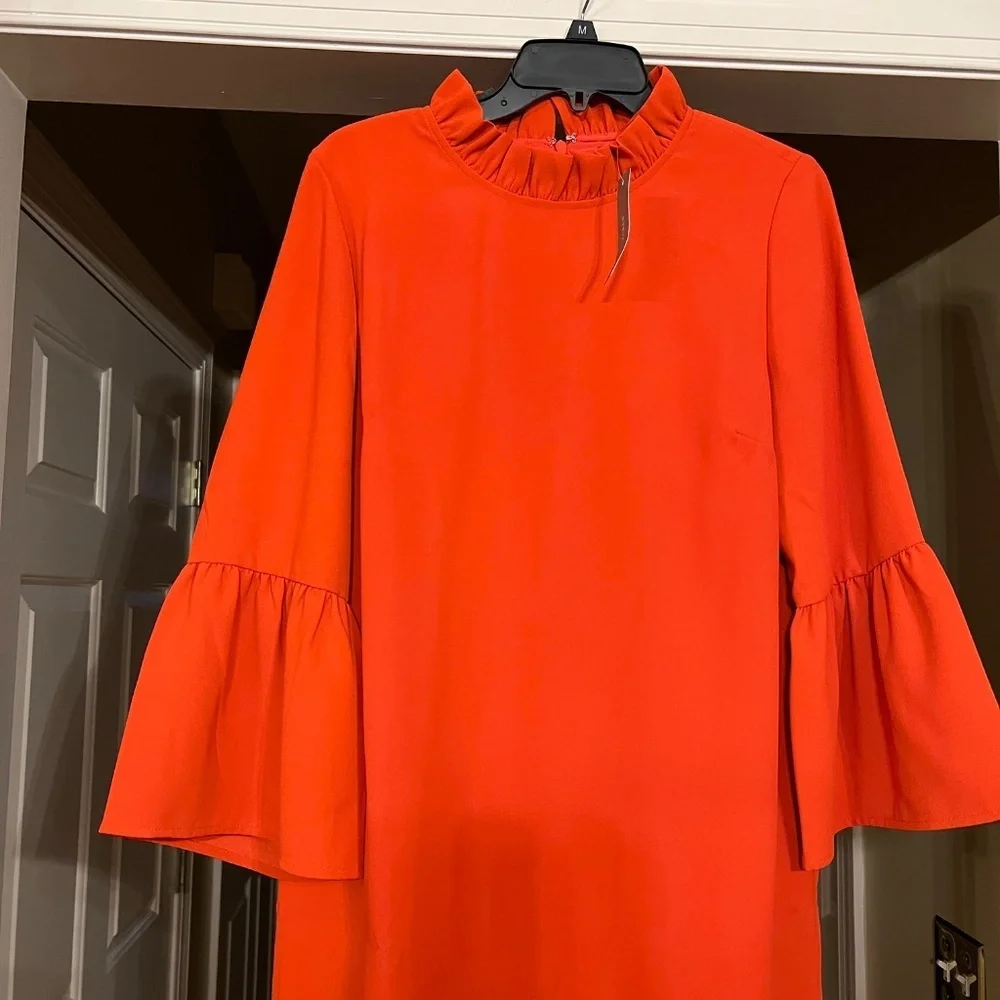 NWT J.Crew Ruffle Neck Bell Sleeve Shift Dress in 365 Crepe Orange Size 12